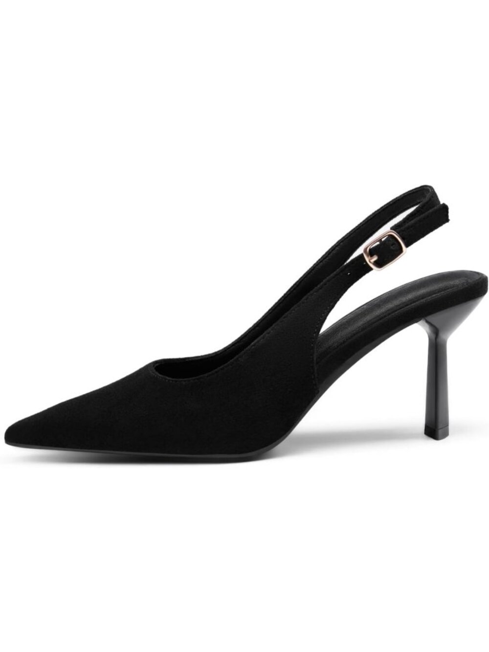 Women's Black Suede Rubber Slingback Kitten Heel Closed Pointed Toe Buckle Pumps